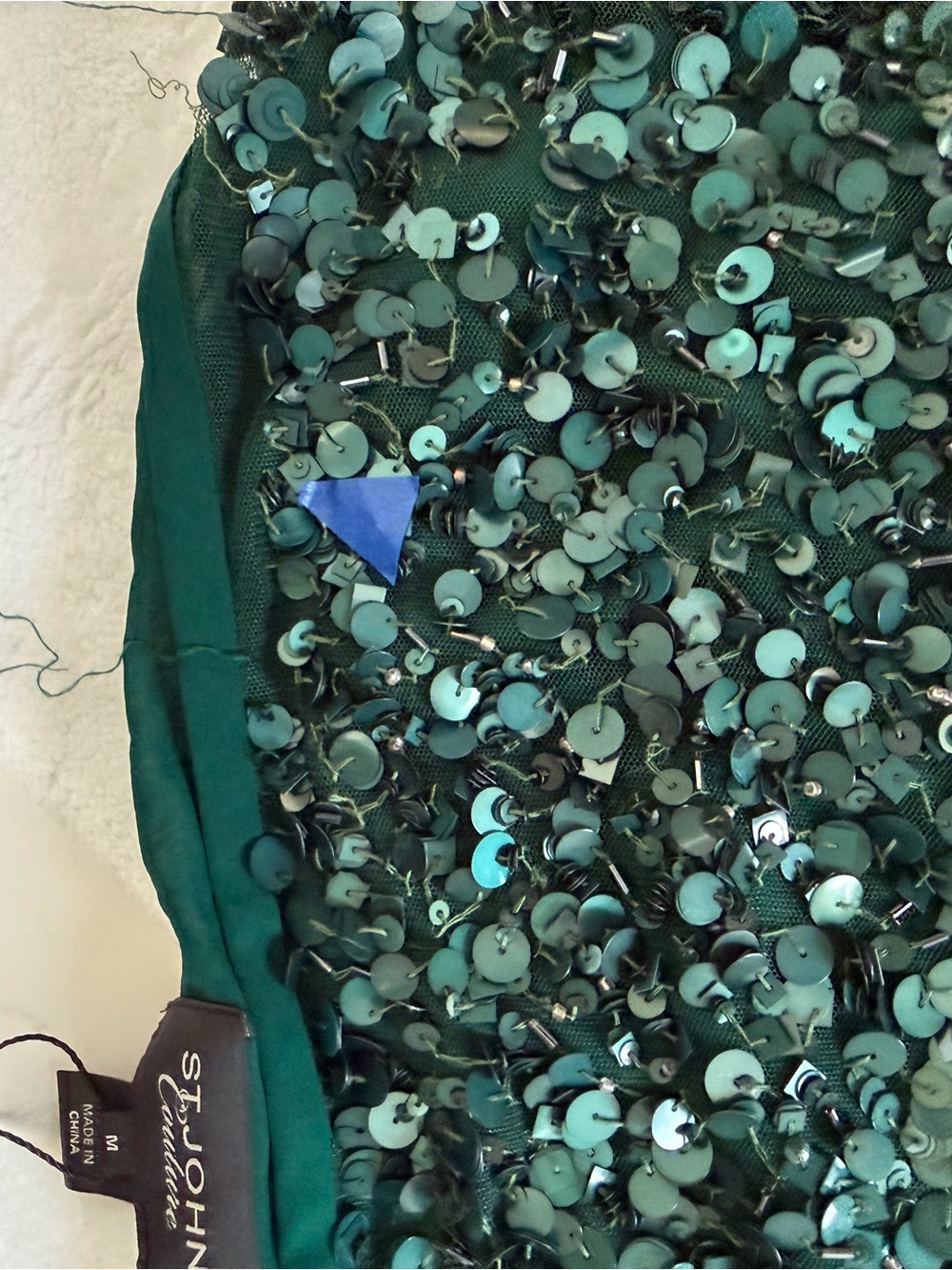 READ- Damaged St John Couture Heavy Dark Green Sequin Top Women's Material - Picture 9 of 9